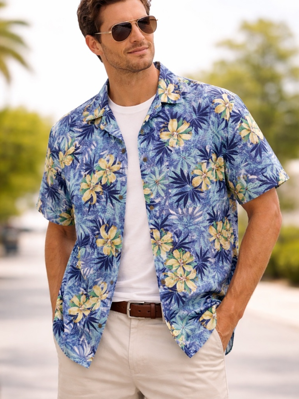 august silk Blue Floral Short-Sleeve Button-Down Shirt with Yellow Accents